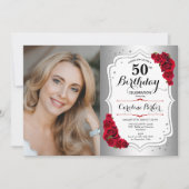 Elegante zilveren witte rode rozen foto 50e verjaa kaart (Voorkant)