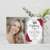 Elegante zilveren witte rode rozen foto 50e verjaa kaart (Staand voorkant)