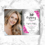 Elegante zilveren witte roze rozen foto 50e verjaa kaart<br><div class="desc">Elegante bloemenvrouwelijke 50e verjaardagsuitnodiging met uw foto. Glam ontwerp met faux zilver. Beschikt over roze rozen,  script lettertype en confetti. Perfect voor een stijlvol volwassen feestje. Personaliseer met je eigen gegevens. Kan voor om het even welke leeftijd worden aangepast! Gedrukte Zazzle-uitnodigingen of direct download digitale afdrukbare sjabloon.</div>