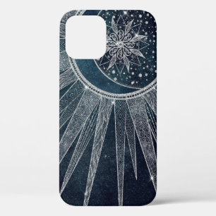 Elegante Zilveren Zon Maan Doodle Mandala Blauwe O Case-Mate iPhone Case