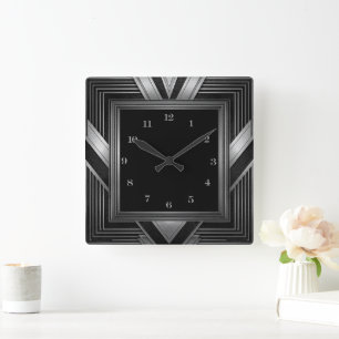 Elegante Zilveren Zwarte Art Deco Vierkante Klok