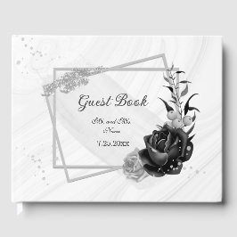 Elegante zilveren & zwarte bloemen botanisch gastenboek