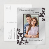 Elegante zilveren zwarte bloemenfoto Bewaar de dat Aankondigingskaart (Voorkant / Achterkant)