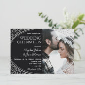 Elegante zilveren zwarte bruiloft uitnodiging met  (Staand voorkant)