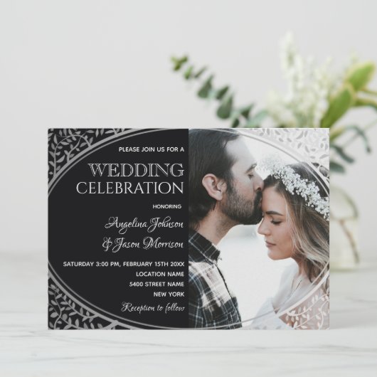 Elegante zilveren zwarte bruiloft uitnodiging met  (Staand voorkant)