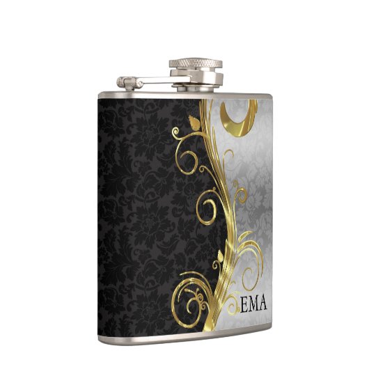 Elegante zilveren zwarte damast heupfles (Rechts)