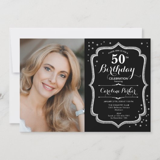 Elegante zilveren zwarte foto 50e verjaardag kaart (Voorkant)