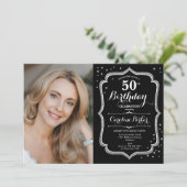 Elegante zilveren zwarte foto 50e verjaardag kaart (Staand voorkant)