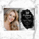 Elegante zilveren zwarte foto 50e verjaardag kaart<br><div class="desc">Elegante bloemenvrouwelijke 50e verjaardagsuitnodiging met uw foto. Glam ontwerp met faux zilver. Beschikt over witte rozen,  script lettertype en confetti. Perfect voor een stijlvol volwassen feestje. Personaliseer met je eigen gegevens. Kan voor om het even welke leeftijd worden aangepast! Gedrukte Zazzle-uitnodigingen of direct download digitale afdrukbare sjabloon.</div>