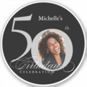 Elegante zilveren zwarte foto 50e verjaardag sticker (Voorkant)