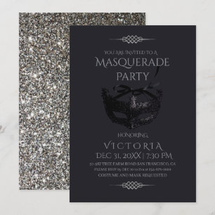 Elegante zilveren zwarte Masquerade Party Verjaard Kaart