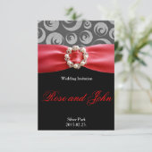 Elegante Zilveren Zwarte Rode Satijnen Lint Trouwk Kaart (Staand voorkant)