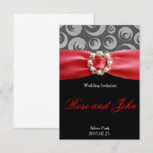 Elegante Zilveren Zwarte Rode Satijnen Lint Trouwk Kaart (Voorkant / Achterkant)