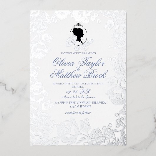 Elegante zilverfolie bloemenbruiloft folie uitnodiging (Voorkant)