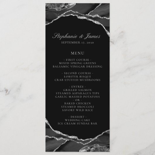 Elegante Zilverfolie Zwarte Agate Huwelijk Menu (Voorkant)
