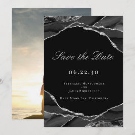 Elegante Zilverfolie Zwarte Agate Huwelijksfoto Save The Date