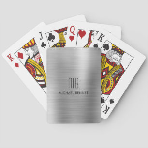 Elegante zilvergrijze geborstelde metalen monogram pokerkaarten