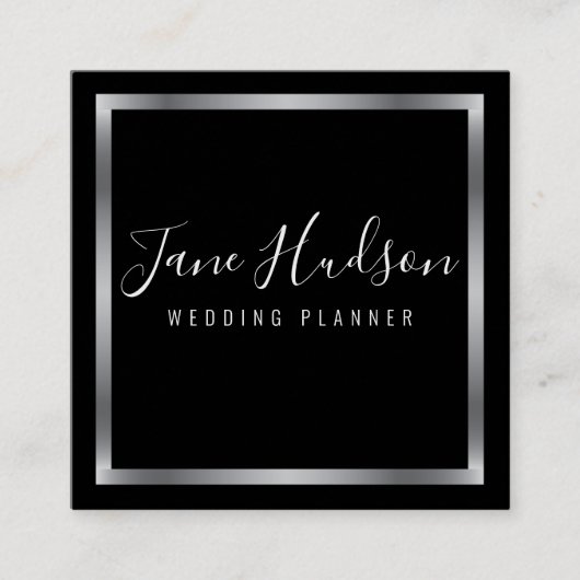 Elegante zilverkleurige zwarte minimalistische bew vierkante visitekaartje (Voorkant)