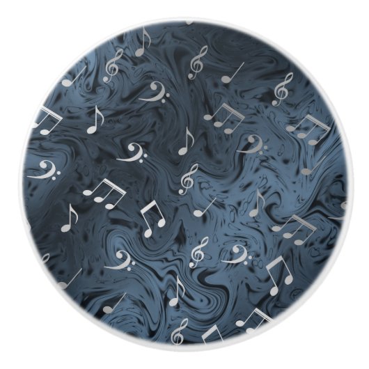 elegante zilvermuzieknoten in blauw keramische knop (Voorkant)