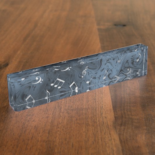 elegante zilvermuzieknoten in blauw naambordje (Zijkant)