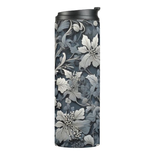 Elegante zilverwitte grijze bloemen thermosbeker (Gedraaid links)