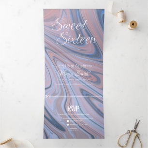 Elegante Zoete Vloeibare Marmer   Agate Blush Navy Drieluik Uitnodiging
