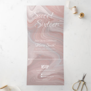 Elegante Zoete Vloeibare Marmer   Agate Blush Roze Drieluik Uitnodiging