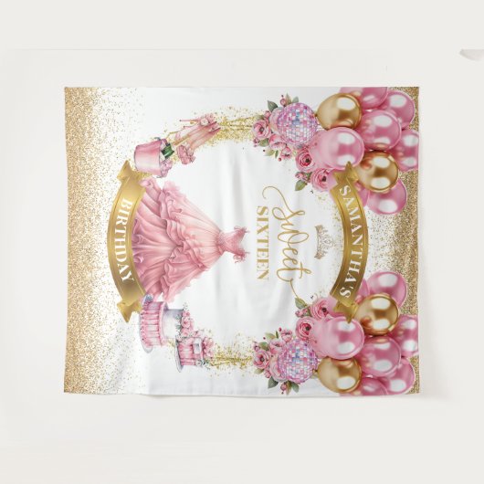 Elegante zoete zestien achtergrond roze gouden bal wandkleed (Voorkant (horizontaal))