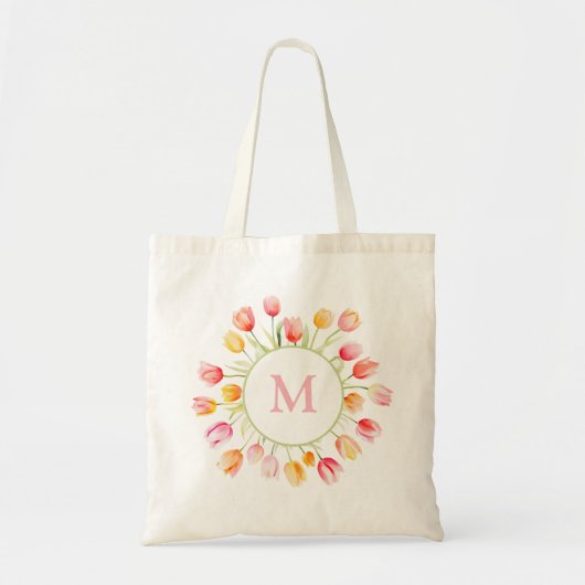 Elegante Zomer Bloem Tulp Roze Rood Monogram Tote Bag (Voorkant)