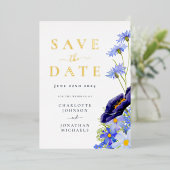 Elegante Zomer Bloemen Goud Blauw Bruiloft Folie Uitnodiging (Staand Voorkant)