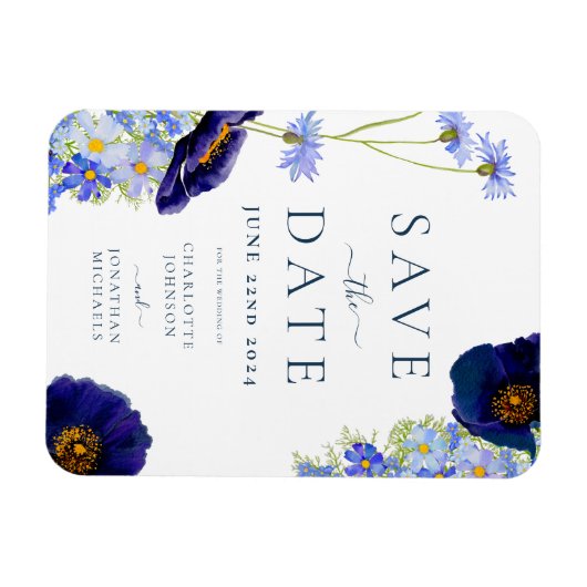 Elegante zomer bloemenblauw bruiloft magneet (Horizontaal)
