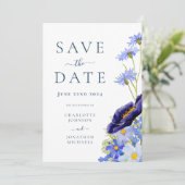 Elegante zomer bloemenblauw bruiloft save the date (Staand voorkant)