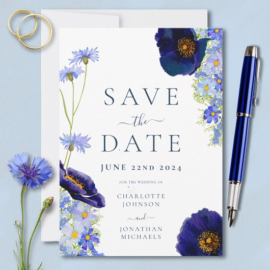 Elegante zomer bloemenblauw bruiloft save the date