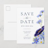 Elegante zomer bloemenblauw bruiloft uitnodiging briefkaart (Voorkant / Achterkant)