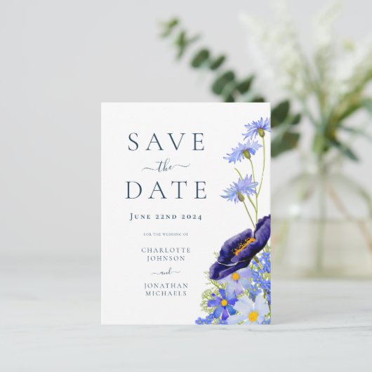 Elegante zomer bloemenblauw bruiloft uitnodiging briefkaart (Staand voorkant)