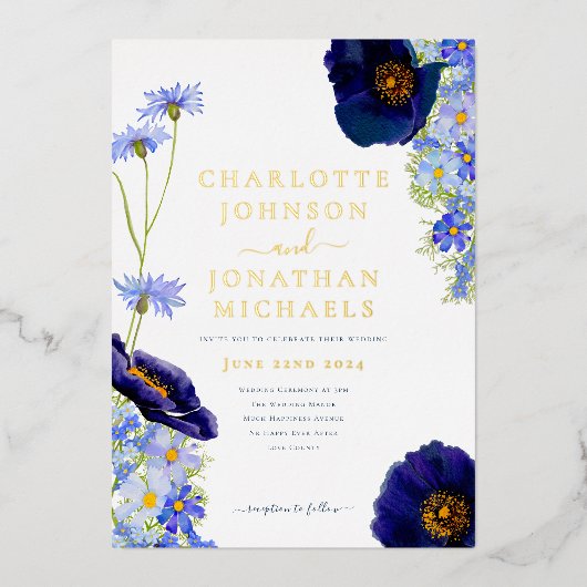 Elegante zomer bloemenblauw en goud folie uitnodiging (Voorkant)
