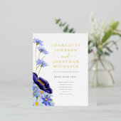 Elegante zomer bloemenblauw en goud folie uitnodiging briefkaart (Staand Voorkant)