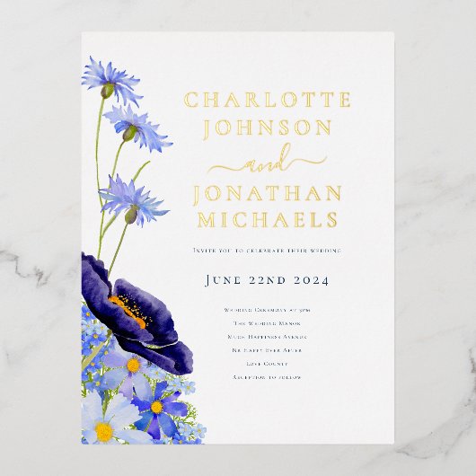 Elegante zomer bloemenblauw en goud folie uitnodiging briefkaart (Voorkant)