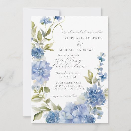 Elegante zomer bloemenblauw en wit bruiloft kaart (Voorkant)