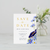 Elegante zomer bloemenblauw gouden bruiloft folie uitnodiging briefkaart (Staand Voorkant)