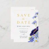 Elegante zomer bloemenblauw gouden bruiloft folie uitnodiging briefkaart (Voorkant / Achterkant)