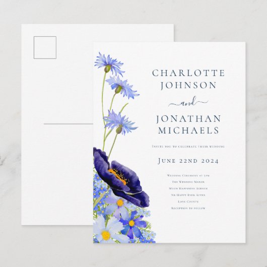 Elegante zomer bloemenblauw uitnodiging briefkaart (Voorkant / Achterkant)