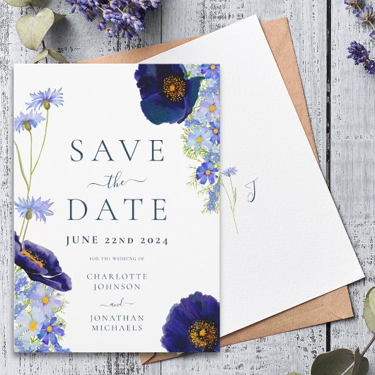 Elegante zomer bloemenblauwe bruiloft Save the Dat Save The Date