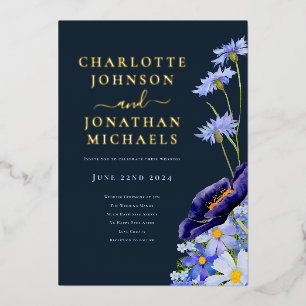 Elegante zomer bloemendecoratie navyblauw en goud folie uitnodiging