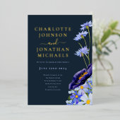 Elegante zomer bloemenmarine blauw en goud folie uitnodiging (Staand Voorkant)