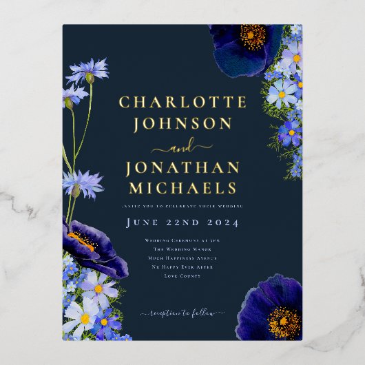 Elegante zomer bloemenmarine blauw en goud folie uitnodiging briefkaart (Voorkant)
