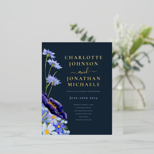 Elegante zomer bloemenmarine blauw en goud folie uitnodiging briefkaart (Staand Voorkant)