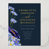 Elegante zomer bloemenmarine blauw en goud folie uitnodiging briefkaart (Voorkant)