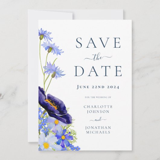 Elegante Zomer Bloemige Blauwe Bruiloft Save The Date (Voorkant)