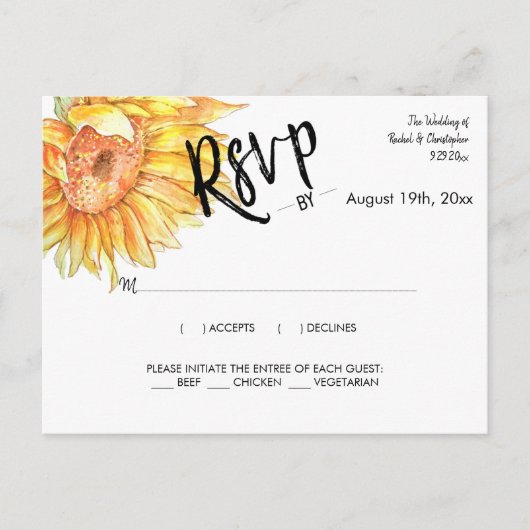 Elegante Zomer Bruiloft Zonnebloemen Reactie RSVP Briefkaart (Voorkant)